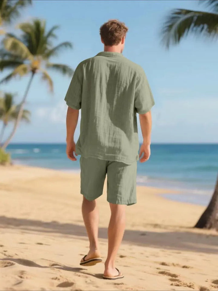 Linen-Look Button-Down Shirt and Drawstring Shorts Set
