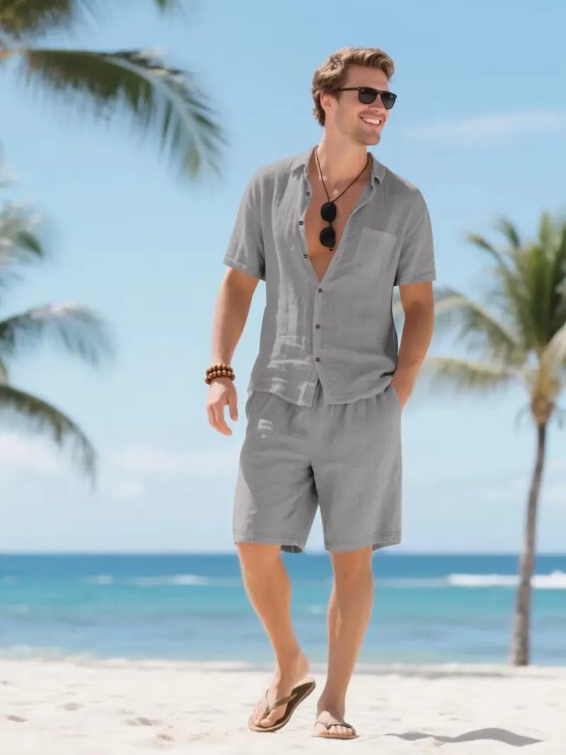 Linen-Look Button-Down Shirt and Drawstring Shorts Set