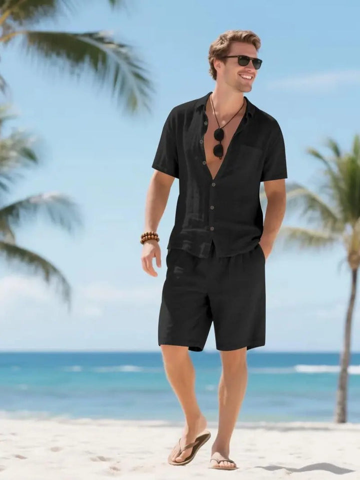 Linen-Look Button-Down Shirt and Drawstring Shorts Set