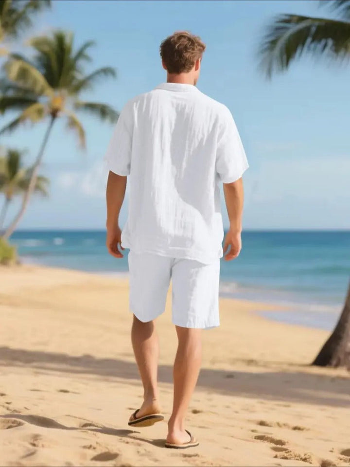 Linen-Look Button-Down Shirt and Drawstring Shorts Set