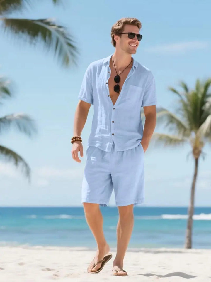 Linen-Look Button-Down Shirt and Drawstring Shorts Set
