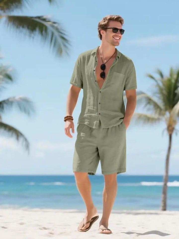 Linen-Look Button-Down Shirt and Drawstring Shorts Set