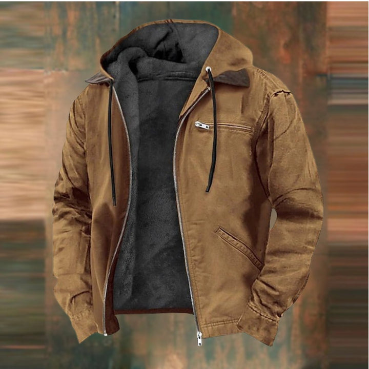 Integrated hood leather-look jacket shown in brown
