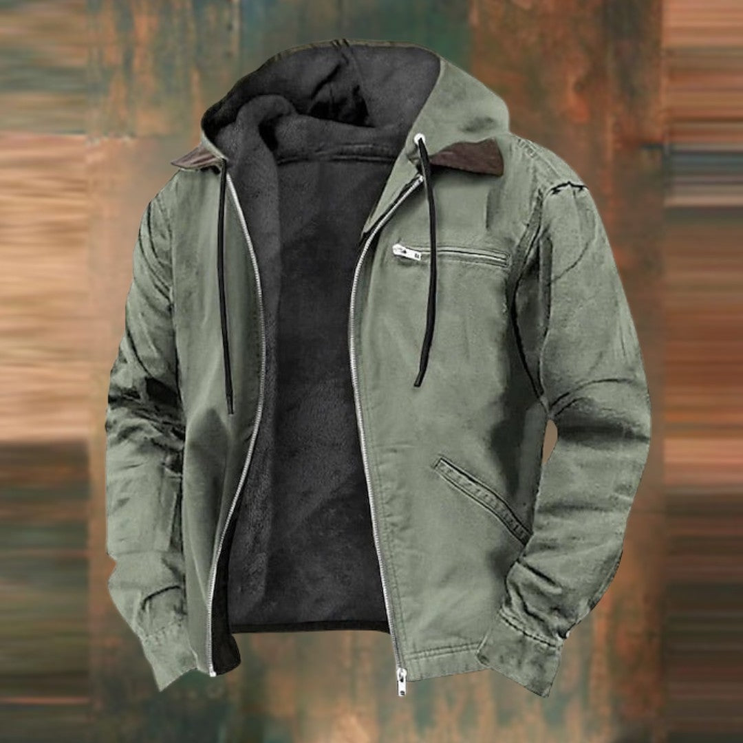 Integrated hood leather-look jacket shown in green