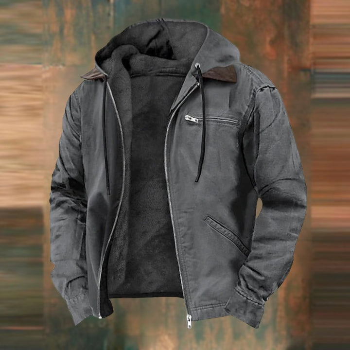 Integrated hood leather-look jacket shown in grey