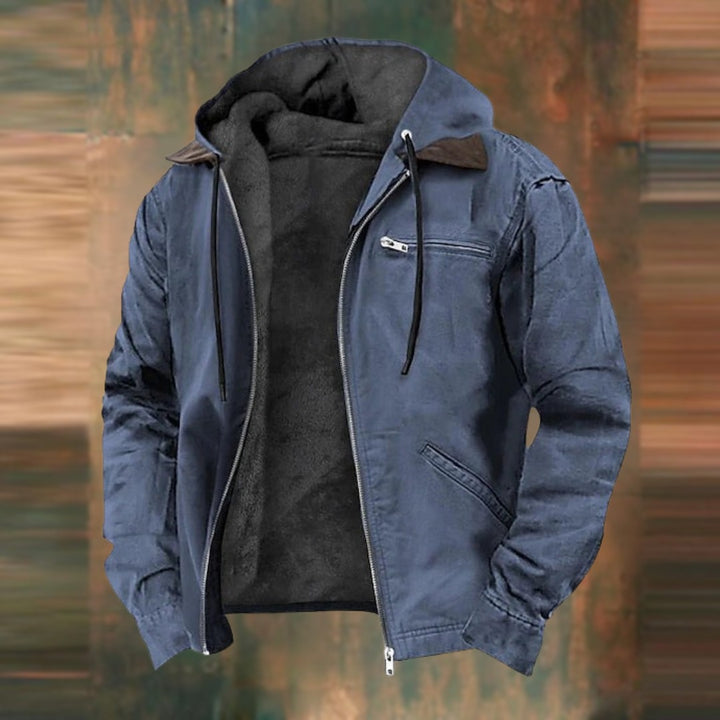 Integrated hood leather-look jacket shown in blue