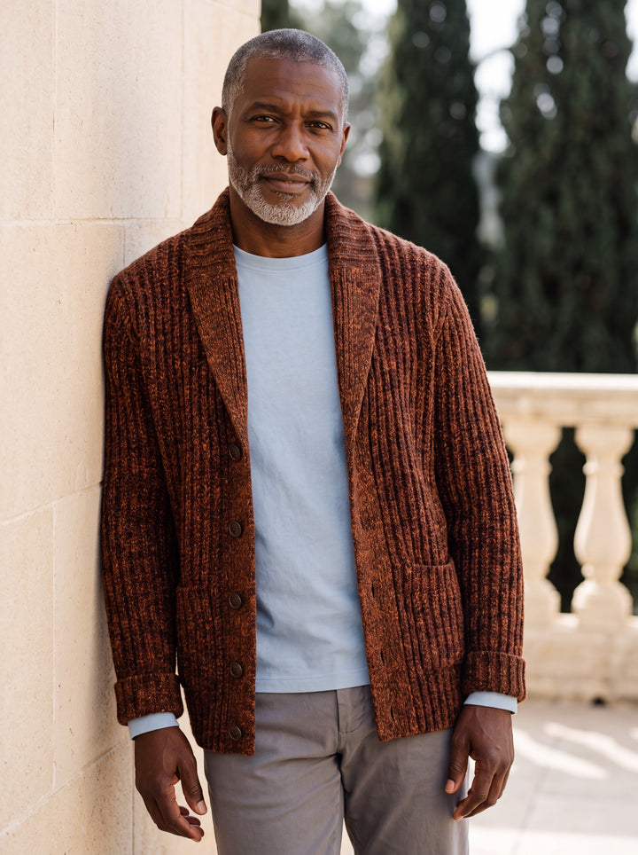 Relaxed Fit Heavyweight Cable Knit Shawl Collar Cardigan