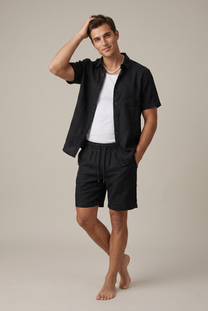 Short Sleeve Woven Shirt and Drawstring Shorts Set
