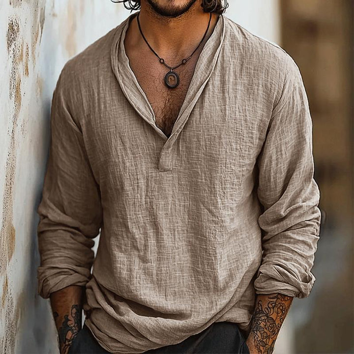V-Neck Linen-Look Henley Shirt