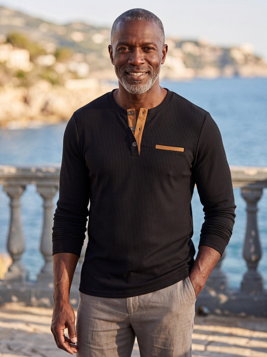 Relaxed Fit Ribbed Henley Shirt with Button Placket
