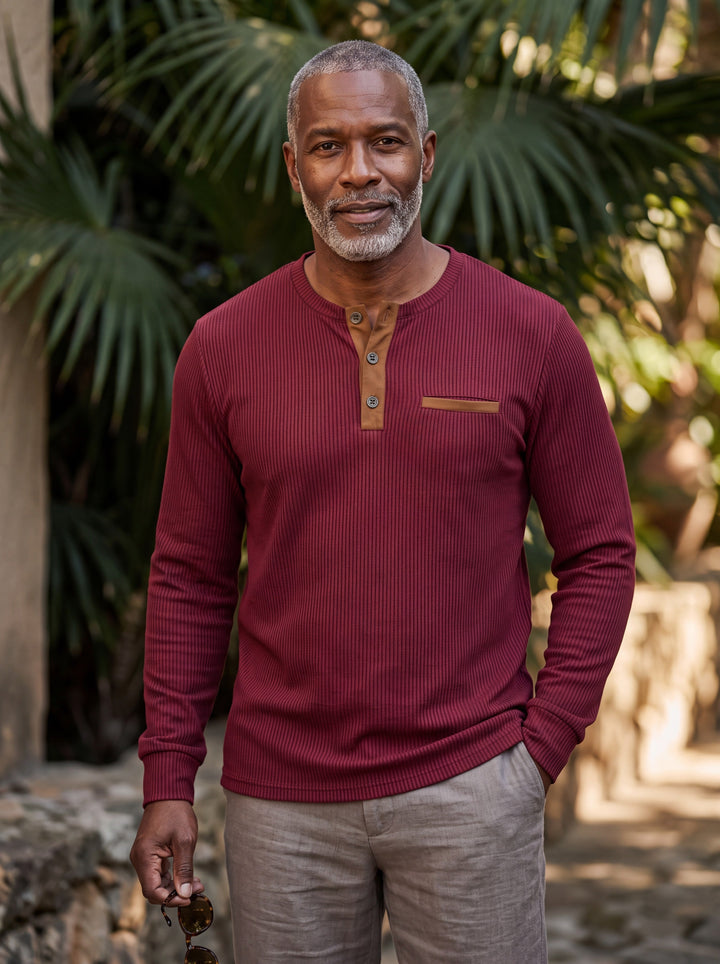 Relaxed Fit Ribbed Henley Shirt with Button Placket