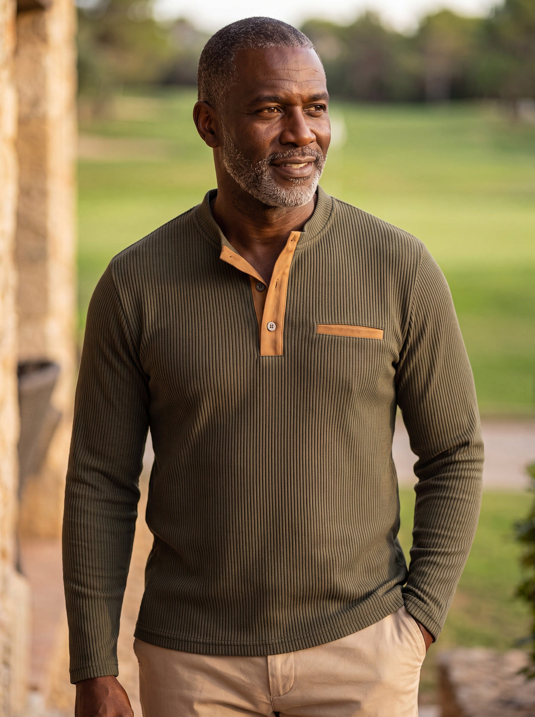 Relaxed Fit Ribbed Henley Shirt with Button Placket