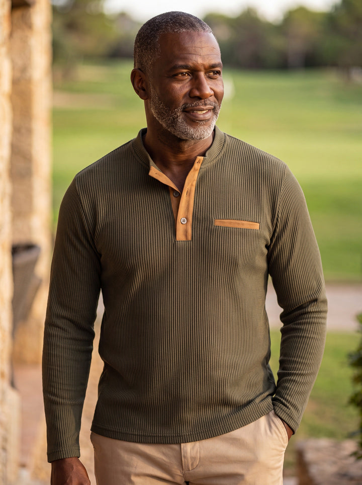 Relaxed Fit Ribbed Henley Shirt with Button Placket
