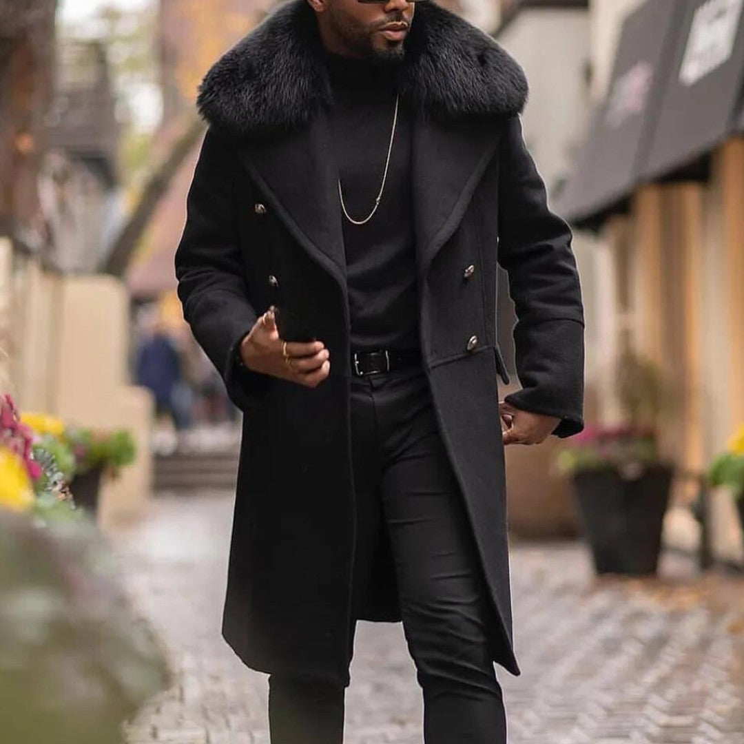 Marlowe & Finch - Double-Breasted Long Coat Plush Shawl Collar Gold-Tone Buttons