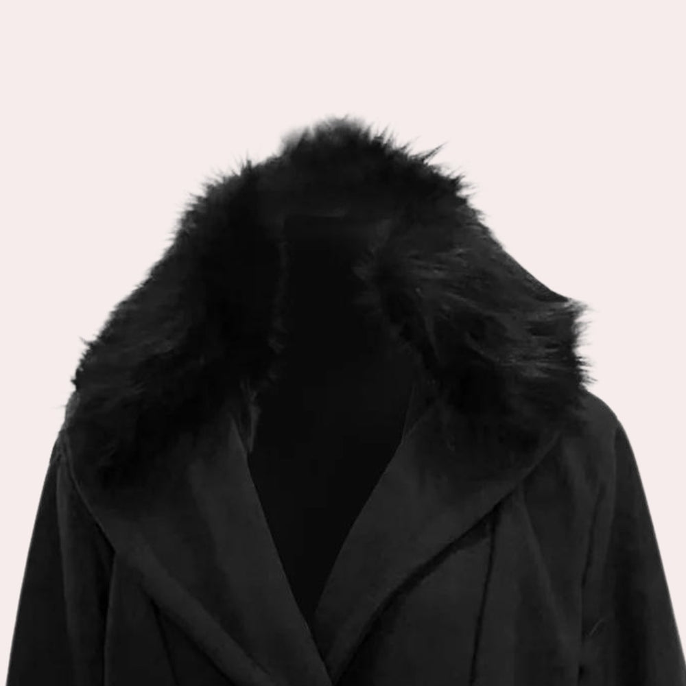 Marlowe & Finch - Double-Breasted Long Coat Plush Shawl Collar Gold-Tone Buttons