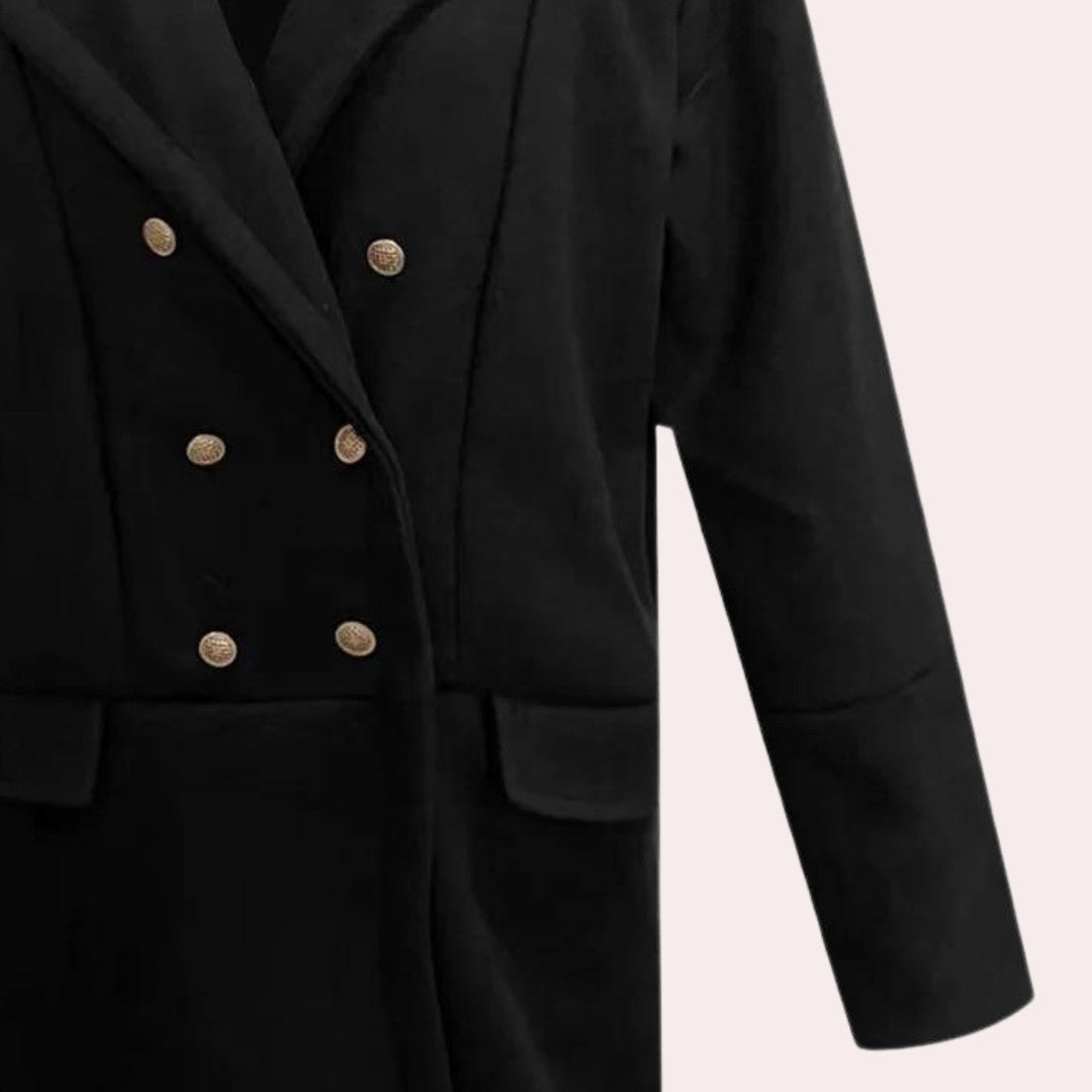 Marlowe & Finch - Double-Breasted Long Coat Plush Shawl Collar Gold-Tone Buttons