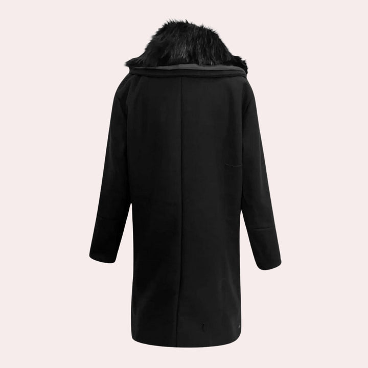 Marlowe & Finch - Double-Breasted Long Coat Plush Shawl Collar Gold-Tone Buttons