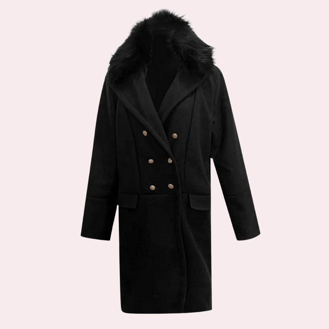Marlowe & Finch - Double-Breasted Long Coat Plush Shawl Collar Gold-Tone Buttons