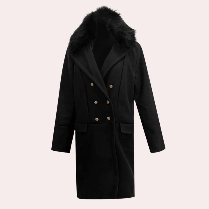 Marlowe & Finch - Double-Breasted Long Coat Plush Shawl Collar Gold-Tone Buttons