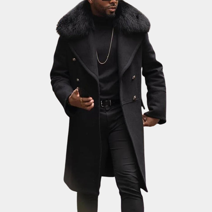 Marlowe & Finch - Double-Breasted Long Coat Plush Shawl Collar Gold-Tone Buttons