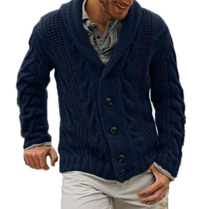 Max | Warm gebreide wollen herenvest in de kleur Donkerblauw voor heren in Heritage stijl ideaal voor de herfst.