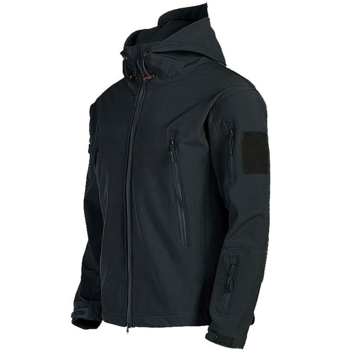 Multi-pocket hooded softshell jacket shown in black