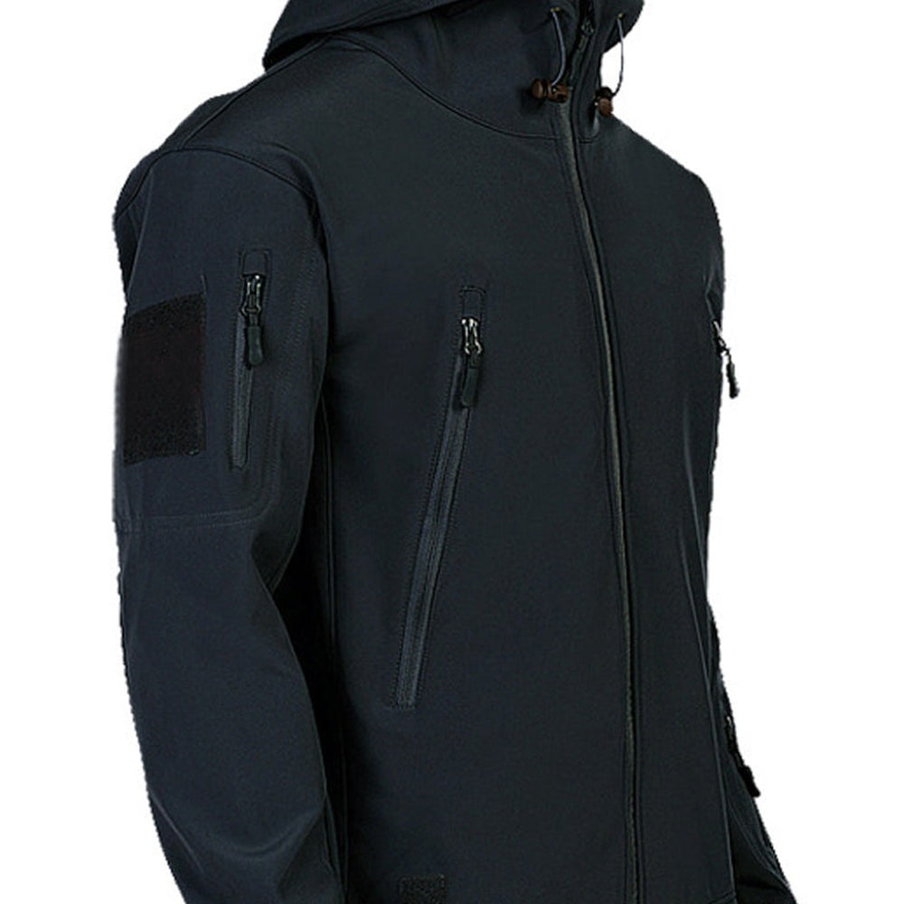 Multi-pocket hooded softshell jacket, front zipped view
