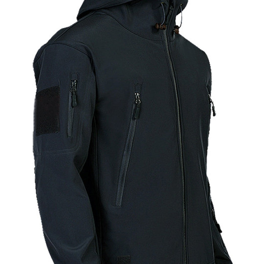 Multi-pocket hooded softshell jacket, front zipped view