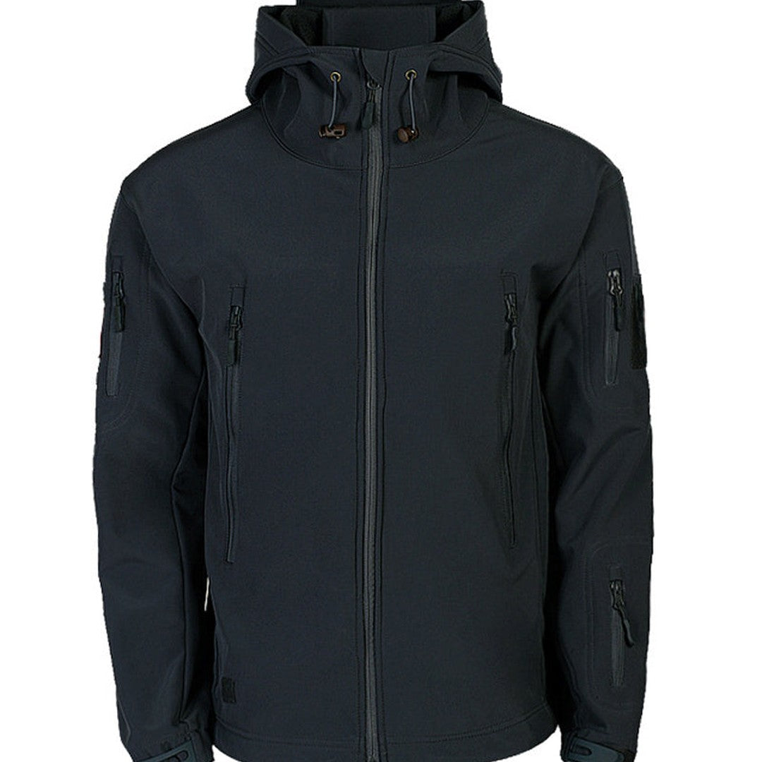 Multi-pocket hooded softshell jacket, hood up view