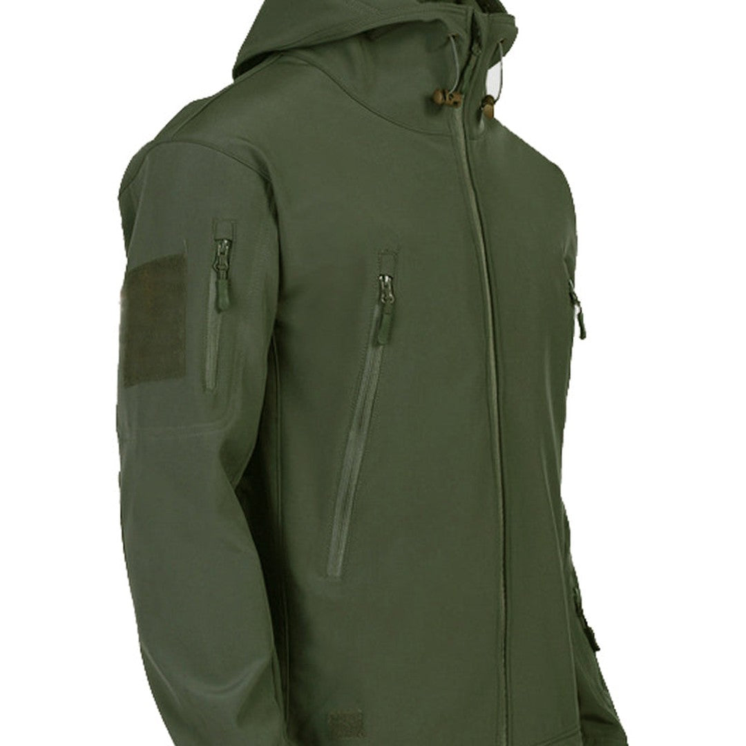 Multi-pocket hooded softshell jacket, back view