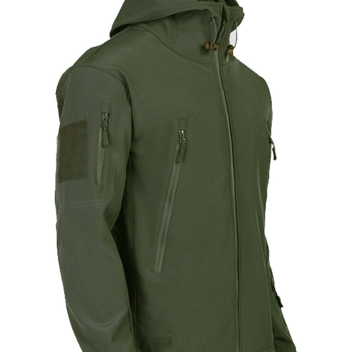 Multi-pocket hooded softshell jacket, back view