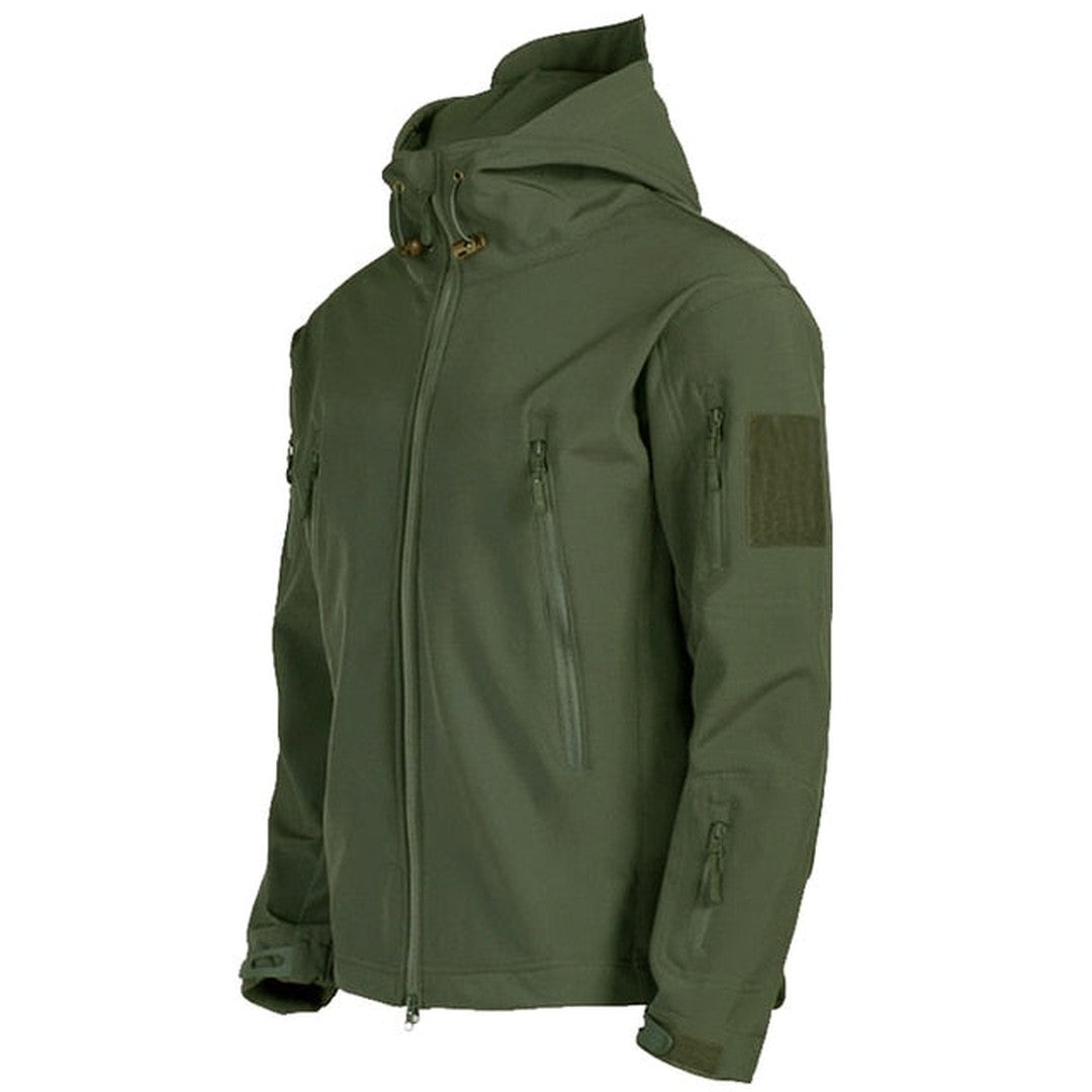 Multi-pocket hooded softshell jacket shown in green
