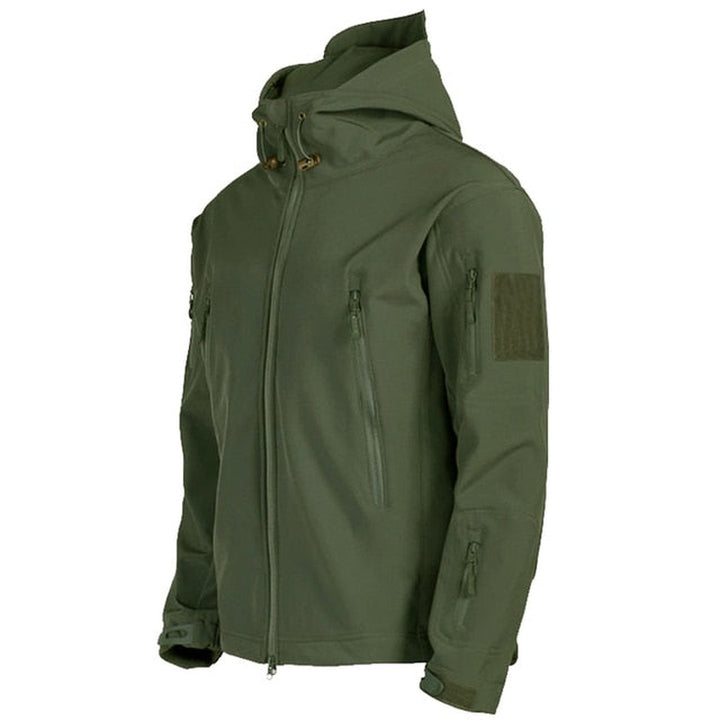 Multi-pocket hooded softshell jacket shown in green