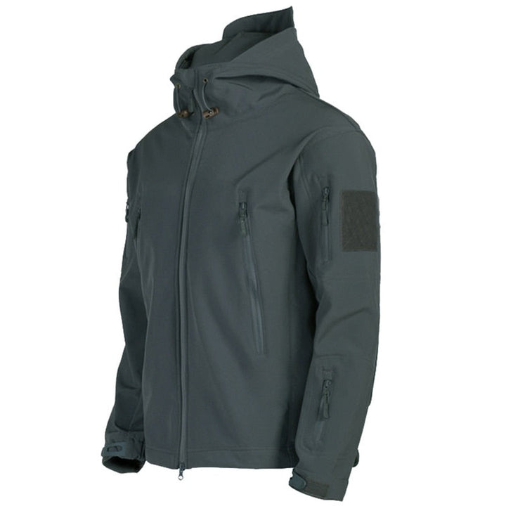 Multi-pocket hooded softshell jacket shown in grey