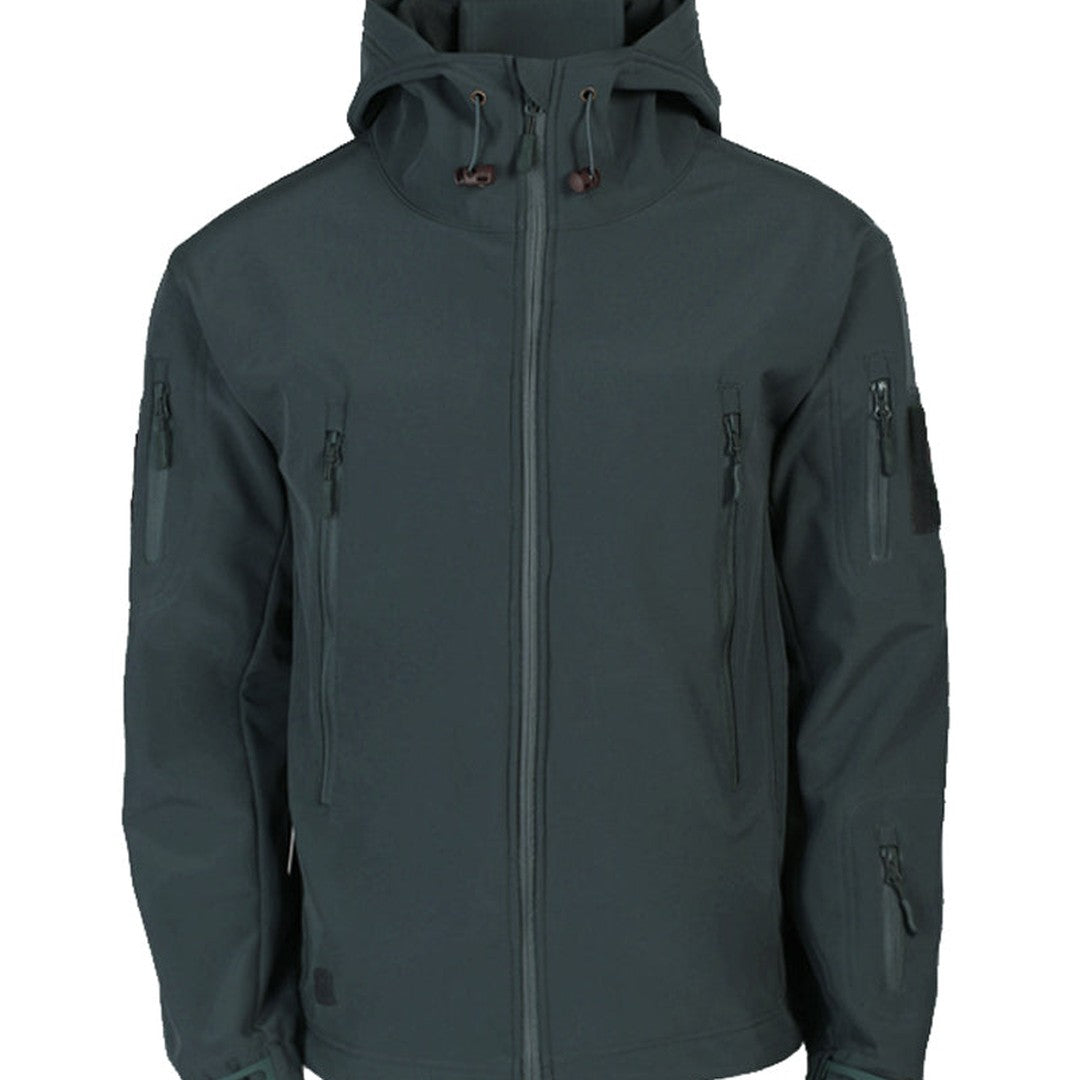 Multi-pocket hooded softshell jacket, sleeve cuff detail