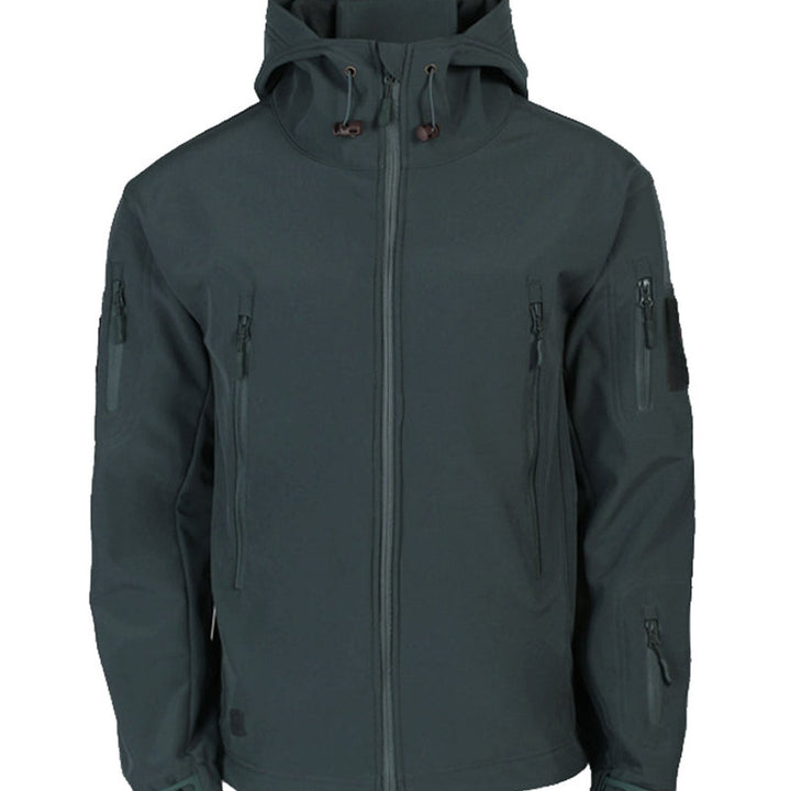 Multi-pocket hooded softshell jacket, sleeve cuff detail