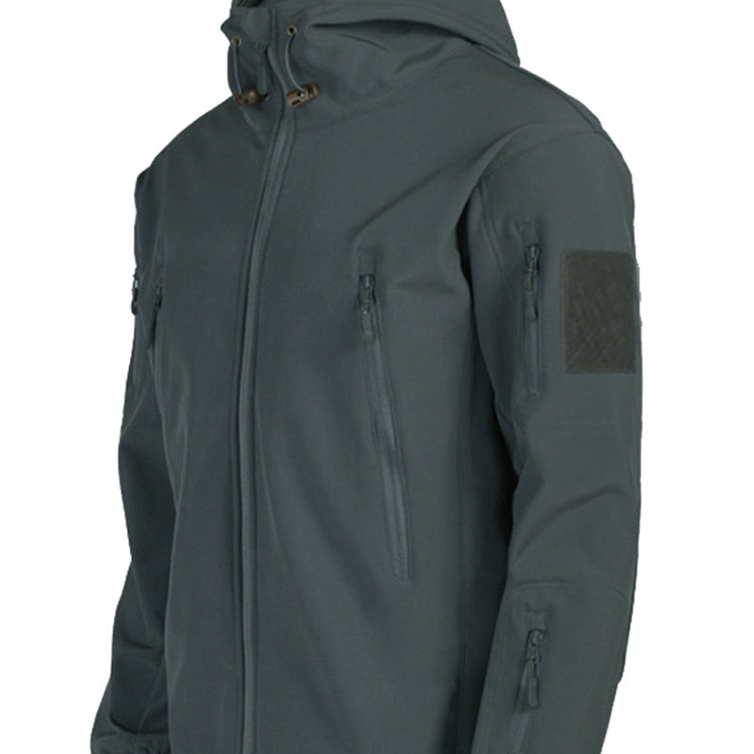 Multi-pocket hooded softshell jacket, front zipped view
