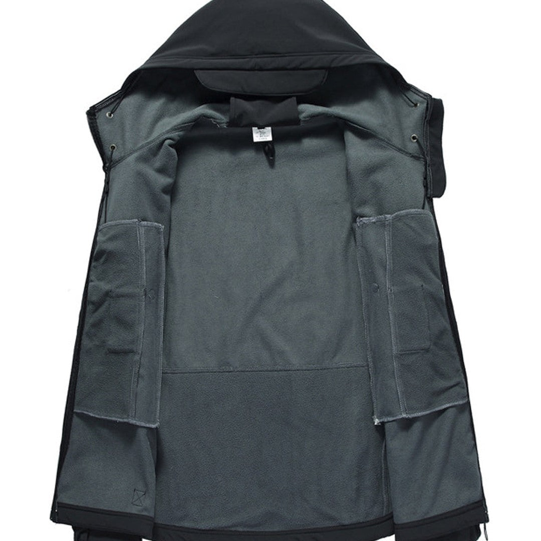 Multi-pocket hooded softshell jacket, hood up view