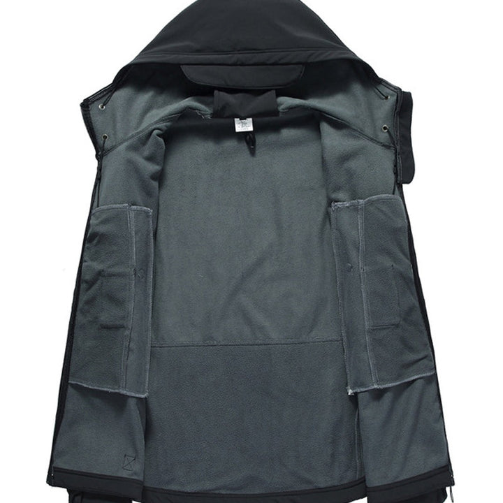 Multi-pocket hooded softshell jacket, hood up view