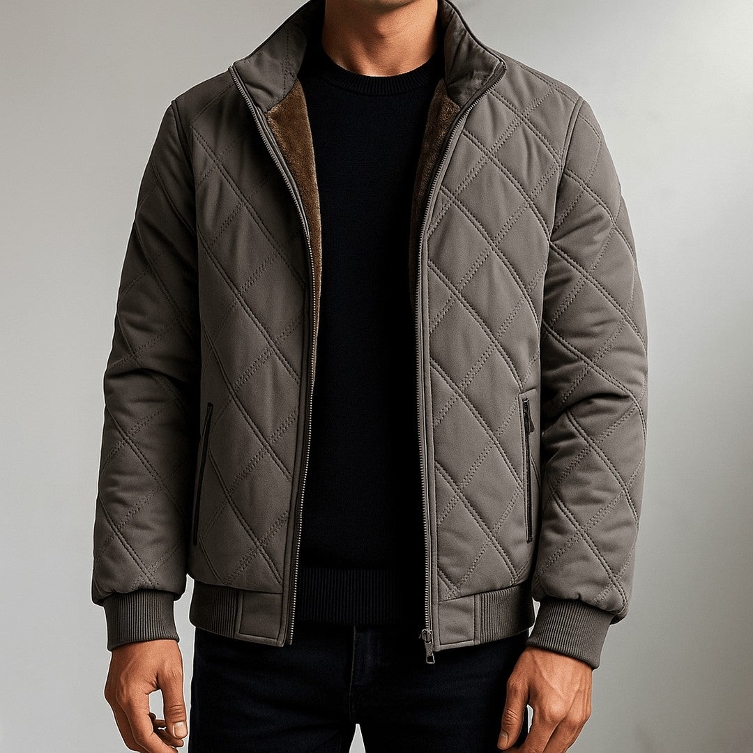 Oakhaven - Diamond-Quilted Bomber Jacket Plush-Lined Stand Collar Ribbed Hem Zip Front