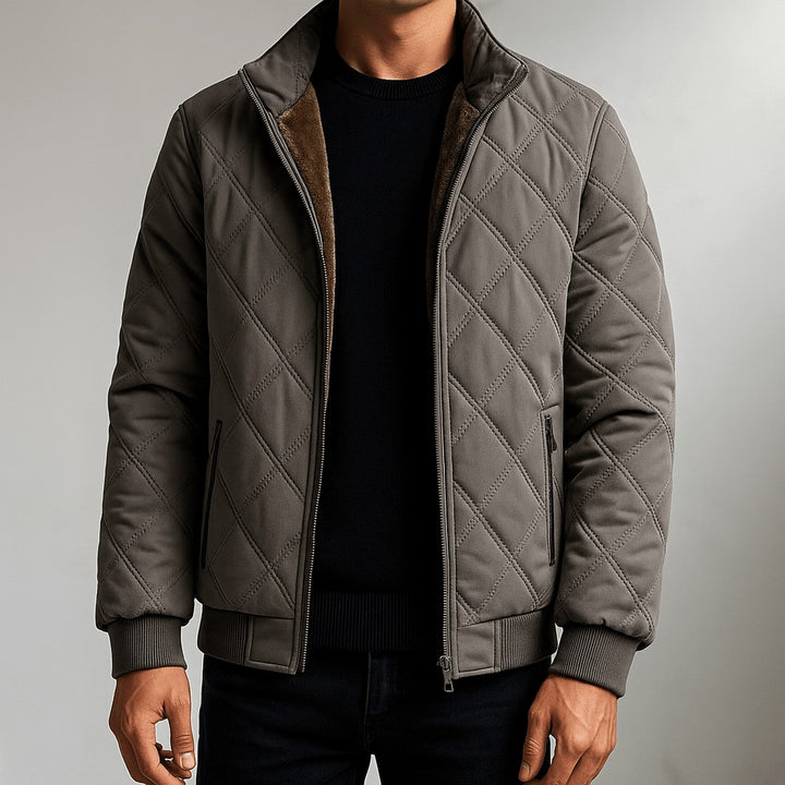 Oakhaven - Diamond-Quilted Bomber Jacket Plush-Lined Stand Collar Ribbed Hem Zip Front
