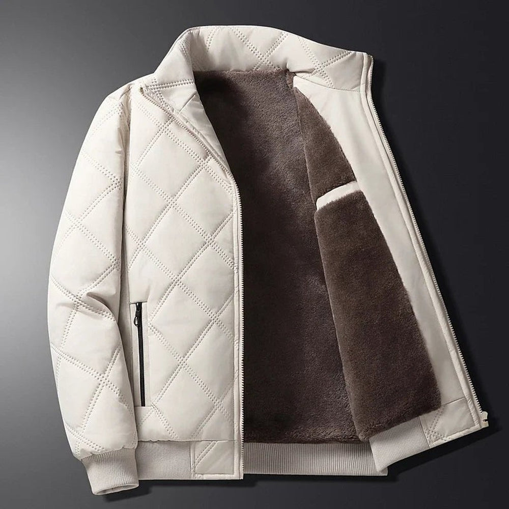 Oakhaven - Diamond-Quilted Bomber Jacket Plush-Lined Stand Collar Ribbed Hem Zip Front