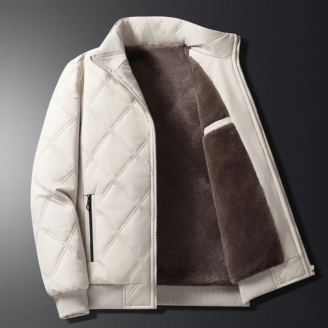 Oakhaven - Diamond-Quilted Bomber Jacket Plush-Lined Stand Collar Ribbed Hem Zip Front