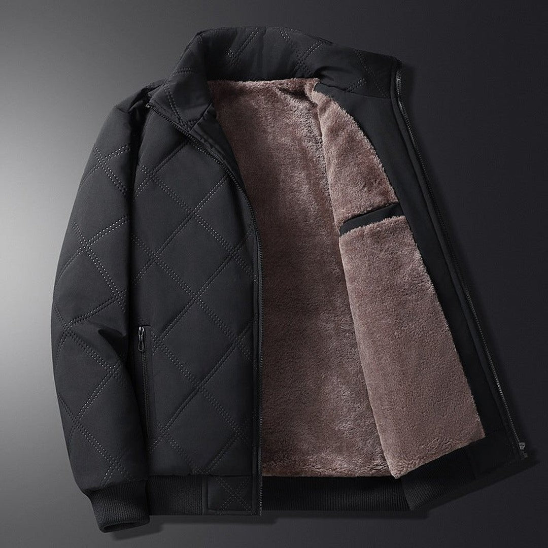 Oakhaven - Diamond-Quilted Bomber Jacket Plush-Lined Stand Collar Ribbed Hem Zip Front