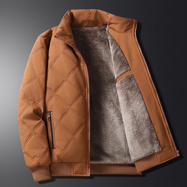 Oakhaven - Diamond-Quilted Bomber Jacket Plush-Lined Stand Collar Ribbed Hem Zip Front