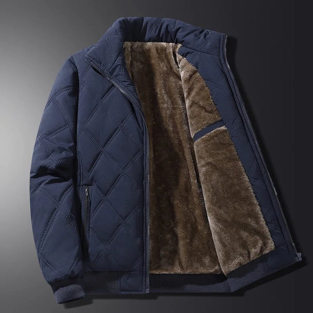 Oakhaven - Diamond-Quilted Bomber Jacket Plush-Lined Stand Collar Ribbed Hem Zip Front