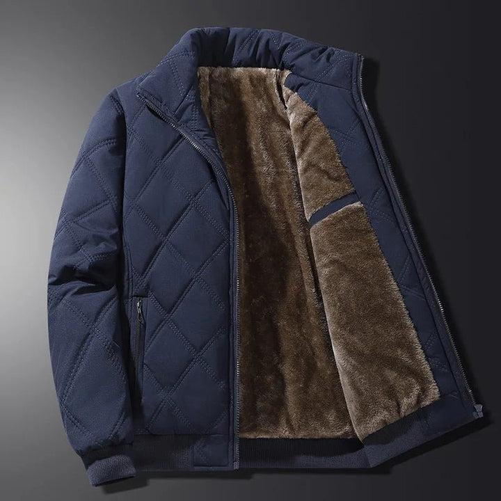 Oakhaven - Diamond-Quilted Bomber Jacket Plush-Lined Stand Collar Ribbed Hem Zip Front