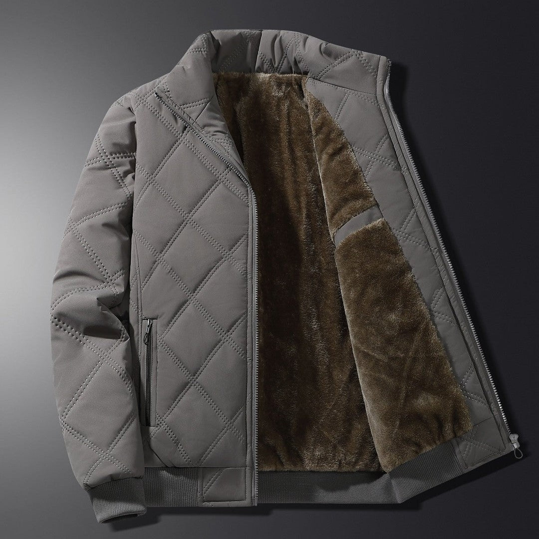 Oakhaven - Diamond-Quilted Bomber Jacket Plush-Lined Stand Collar Ribbed Hem Zip Front