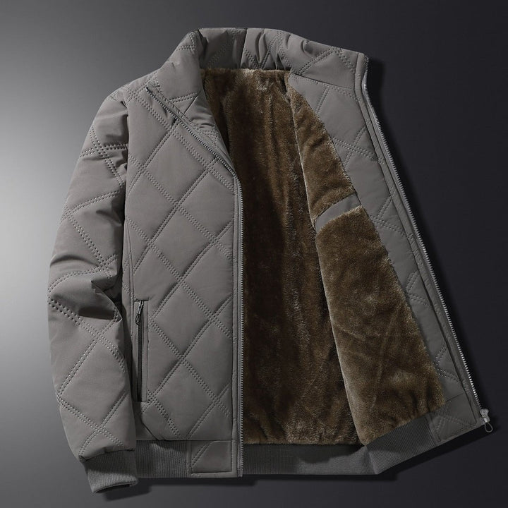 Oakhaven - Diamond-Quilted Bomber Jacket Plush-Lined Stand Collar Ribbed Hem Zip Front