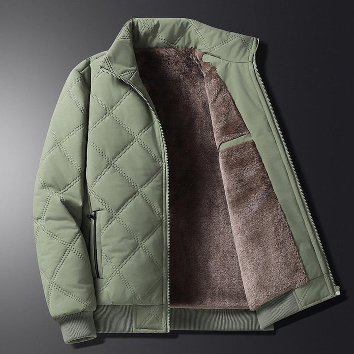 Oakhaven - Diamond-Quilted Bomber Jacket Plush-Lined Stand Collar Ribbed Hem Zip Front